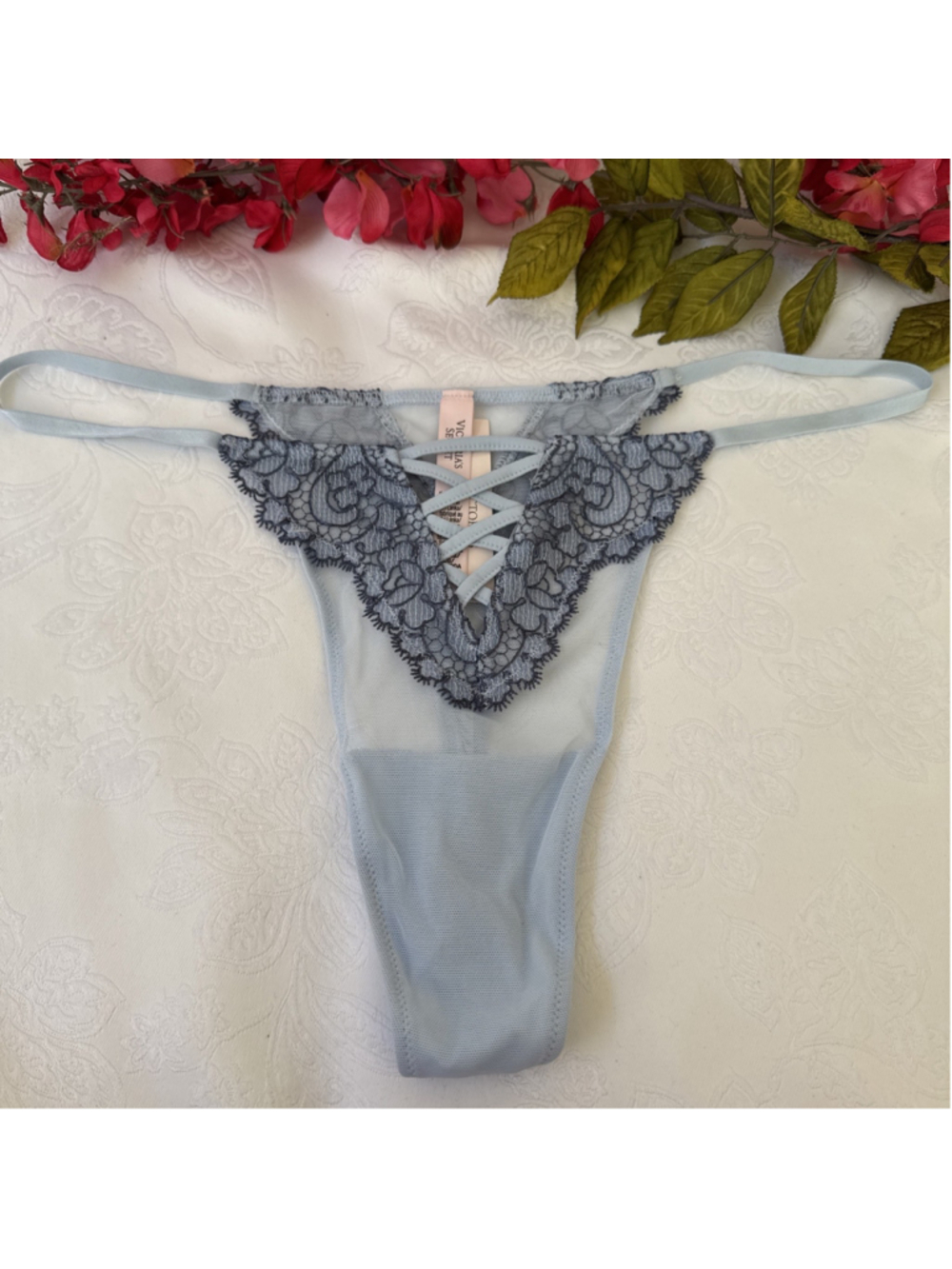 VICTORIA'S SECRET XL BLUE EMBROIDERED LACE STRING STRAPPY THONG PANTIES NWT